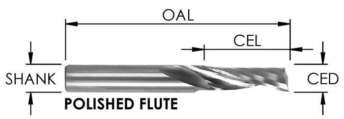 SOU303 - O FLUTE 1FL UPCUT ( POLISHED) HARD PLASTIC: 1/8 CD X 3/4 CL X 1/4 SHK X 2-1/2 OAL