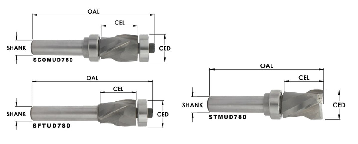SCOMUD780 - SC FLUSH 2+2 ( COMPRESSION) TRIM BIT ( MD: EXTENDED LIFE ) : 7/8 CD X 1-1/8 CL X 1/2 SHK X 3-15/16 OAL ( BEARING SBE 124 + SBE129)