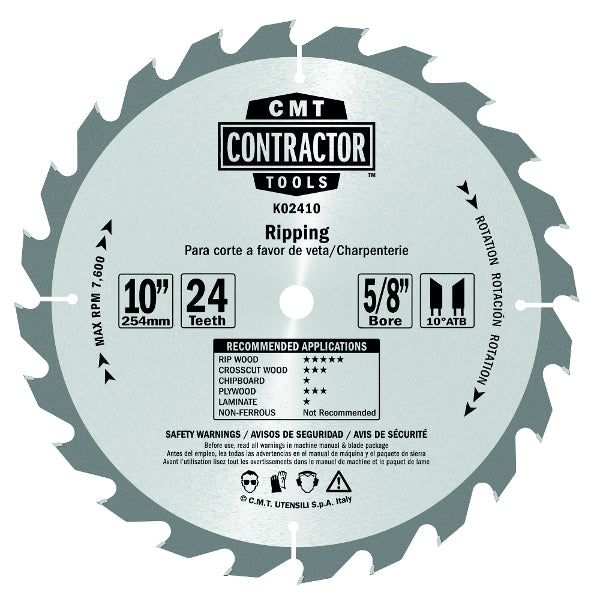 CMT K02412 ITK Contractor Ripping Saw Blade, 12 x 24 Teeth, 10° ATB with 1-Inch bore
