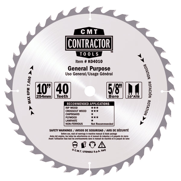 CMT K04010 ITK Contractor General Purpose Saw Blade, 10 x 40 Teeth, 10° ATB with 5/8-Inch bore