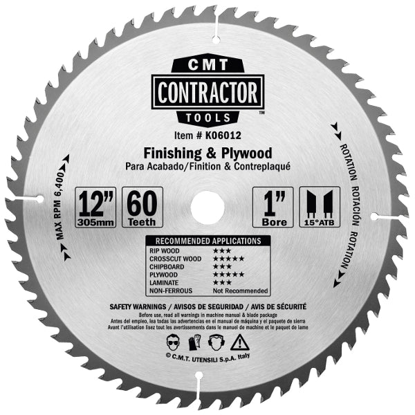 CMT K06010 ITK Contractor Finish & Plywood Saw Blade, 10 x 60 Teeth, 10° ATB with 5/8-Inch bore