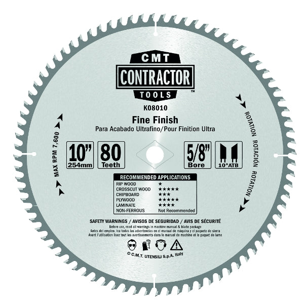 CMT K08010 ITK Contractor Finishing Saw Blade, 10 X 80 Teeth, 10° ATB with 5/8-Inch Bore