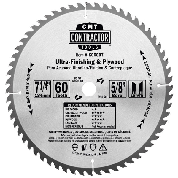 CMT K06007 ITK Contractor Ultra Finish Saw Blade, 7-1/4 x 60 Teeth, 10° ATB with 5/8-Inch<> bore
