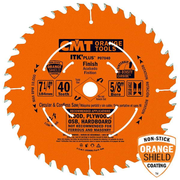 CMT P07040-X10 ITK Plus Finish Saw Blade Masterpack, 7-1/4 x 40 Teeth, 10° ATB+Shear with 5/8-Inch<> bore - 10-Pack