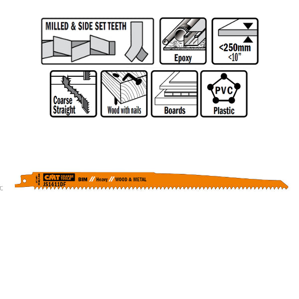 CMT JS1411DF-5 Bimetal Reciprocating Saw Blades for Wood/Metal, 11-In, 6 TPI - 5 pack