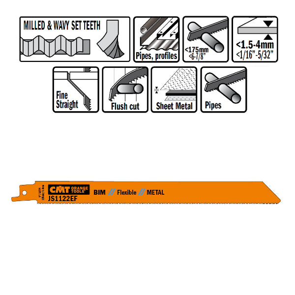 CMT JS1122EF-5 Bimetal Reciprocating Saw Blades for Metal, 8-In, 18 TPI - 5 pack