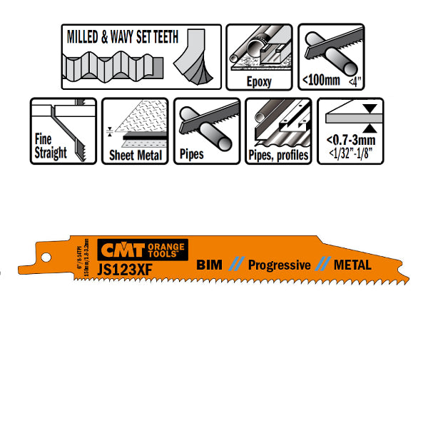 CMT JS123XF-5 Bimetal Reciprocating Saw Blades for Metal, 5-In, 8-14 TPI - 5 pack