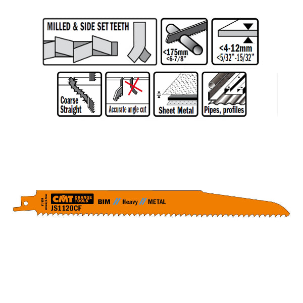 CMT JS1120CF-5 Bimetal Reciprocating Saw Blades for Metal, 8-In, 9 TPI - 5 pack