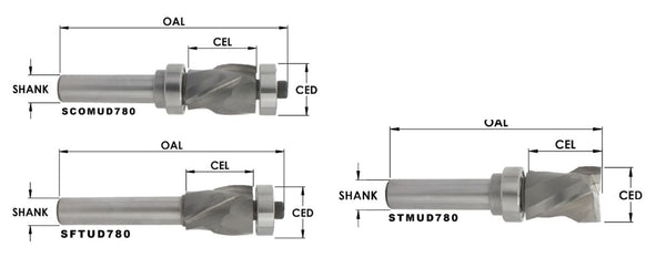 SCOMUD780 - SC FLUSH 2+2 ( COMPRESSION) TRIM BIT ( MD: EXTENDED LIFE ) :  7/8 CD X 1-1/8 CL X 1/2 SHK X 3-15/16 OAL ( BEARING SBE 124 + SBE129)
